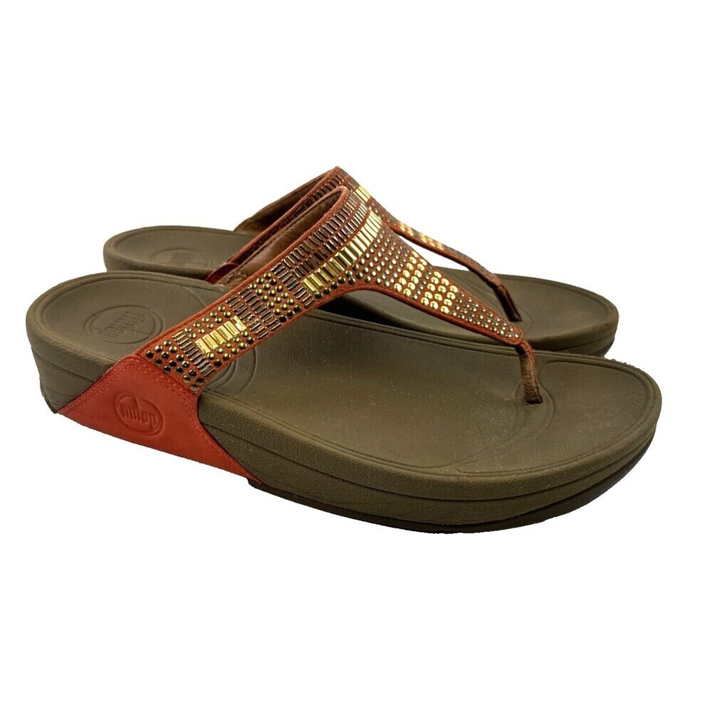 Fitflop Aztek Chada Sandal Orange Leather Beaded Toe Post Wedge 359-299 Women 8
